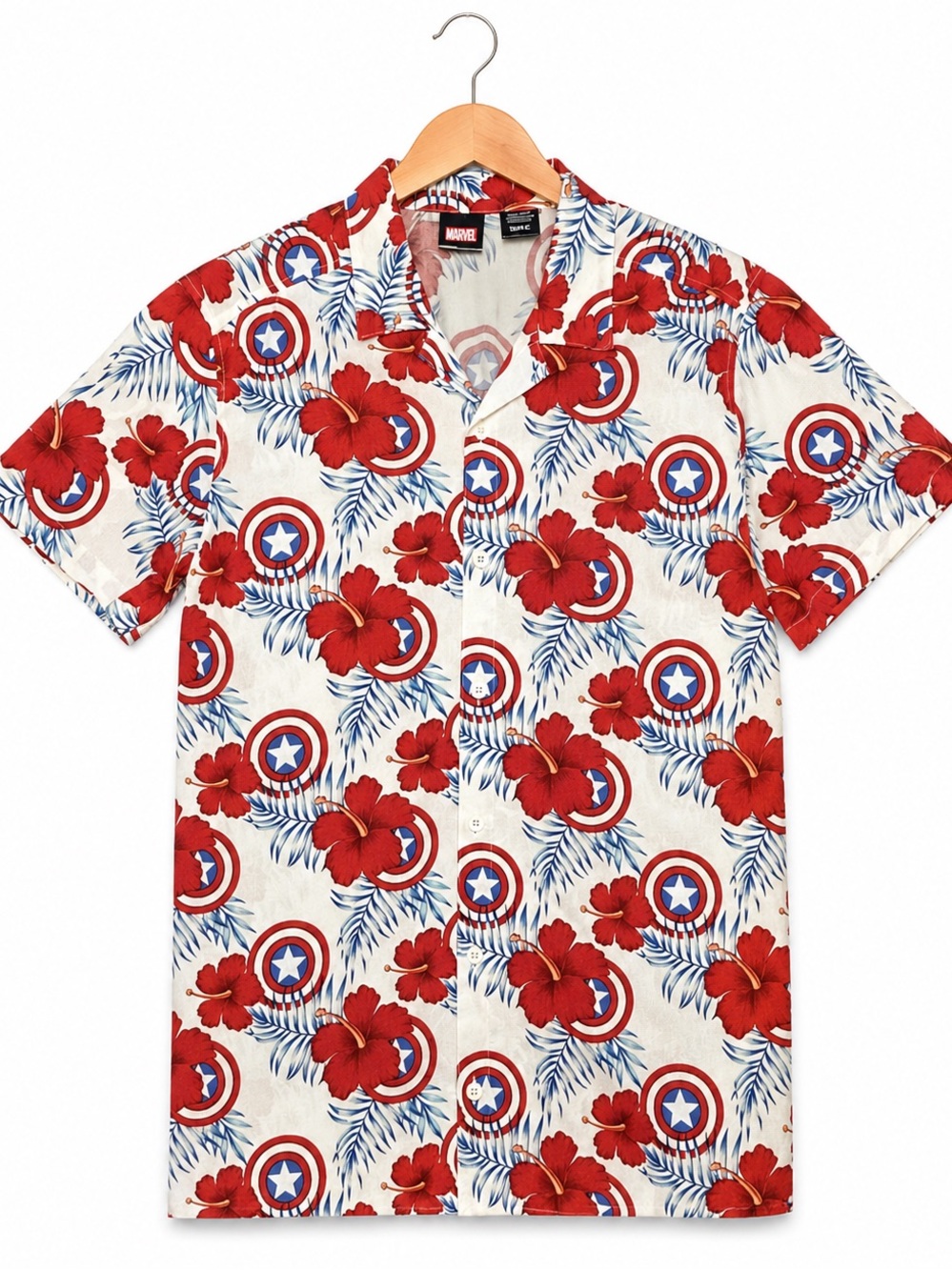 Marvel Captain America Hawaiian Shirt Mens Small White Red Hibiscus Floral Butto